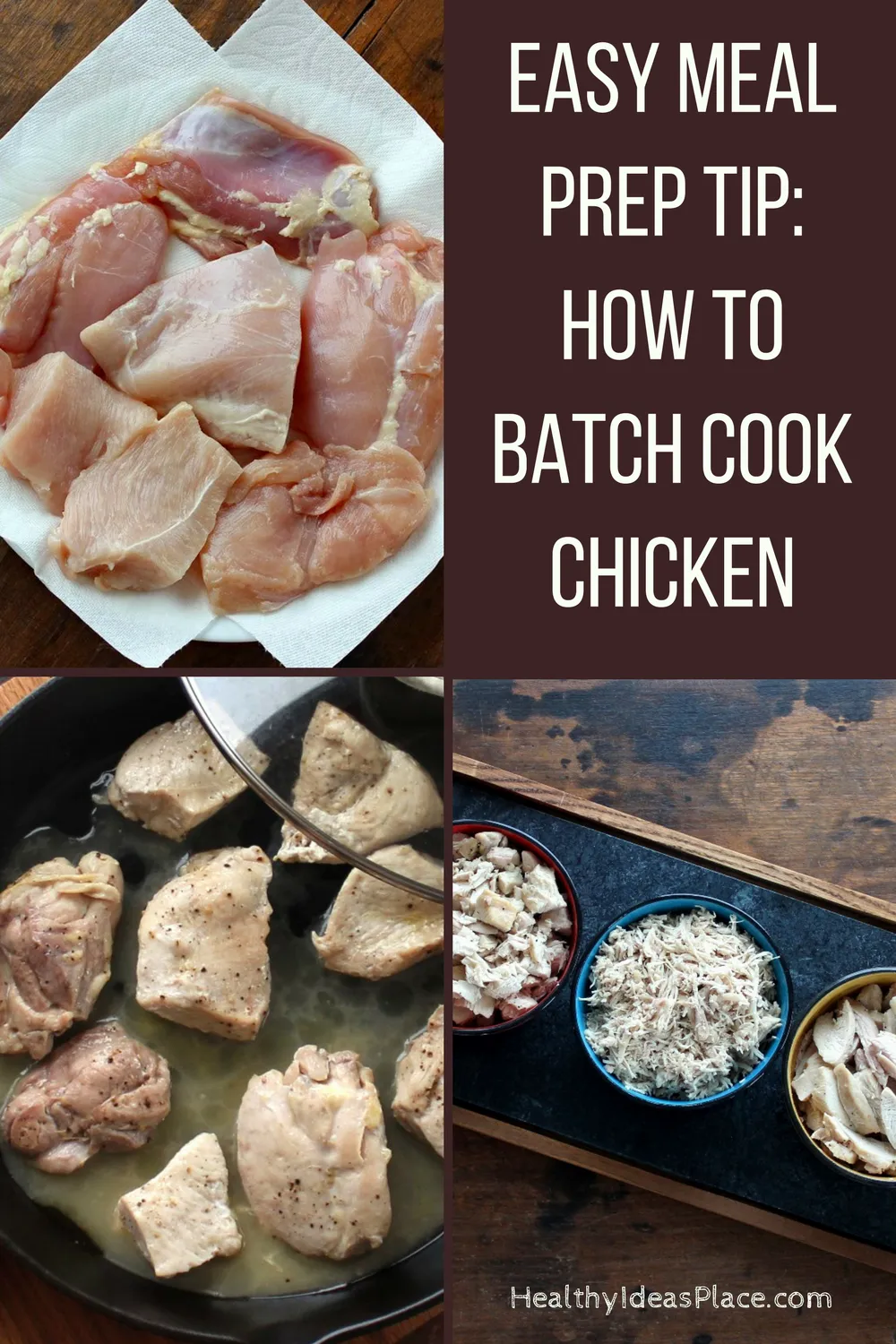 Collage showing raw chicken, chicken cooking, and chicken ready to use