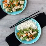 Chicken and Snow Peas in blue bowl with rice