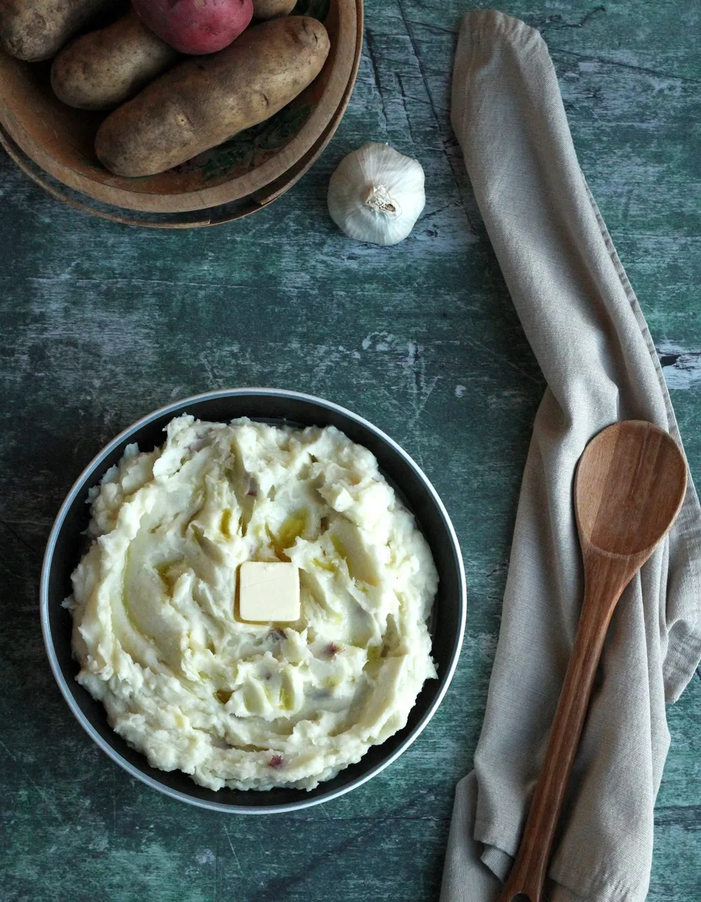 Mashed Potatoes from above against green background