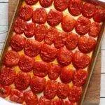 roasted tomatoes on rimmed pan