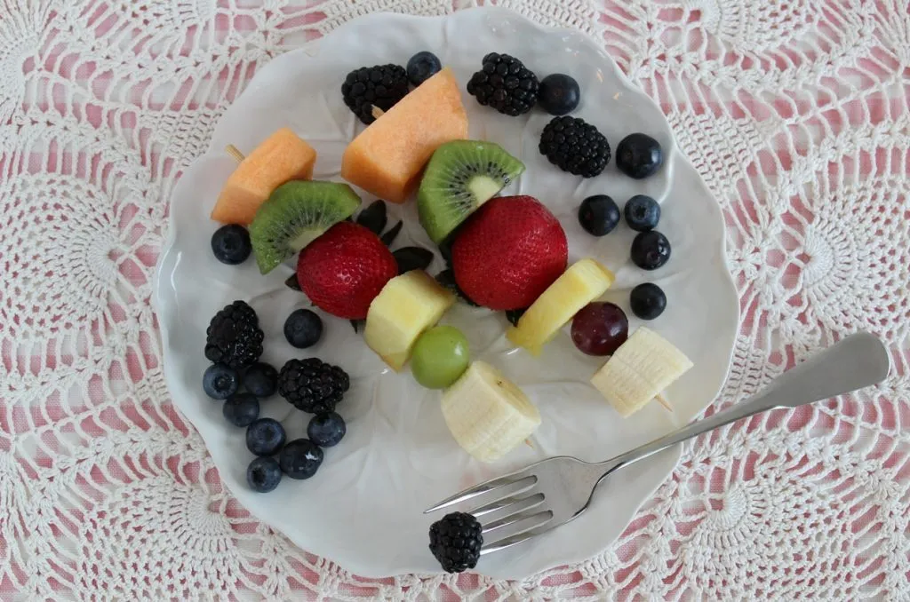 Fruit Kebabs with Honey-Lime-Ginger Vinaigrette plated