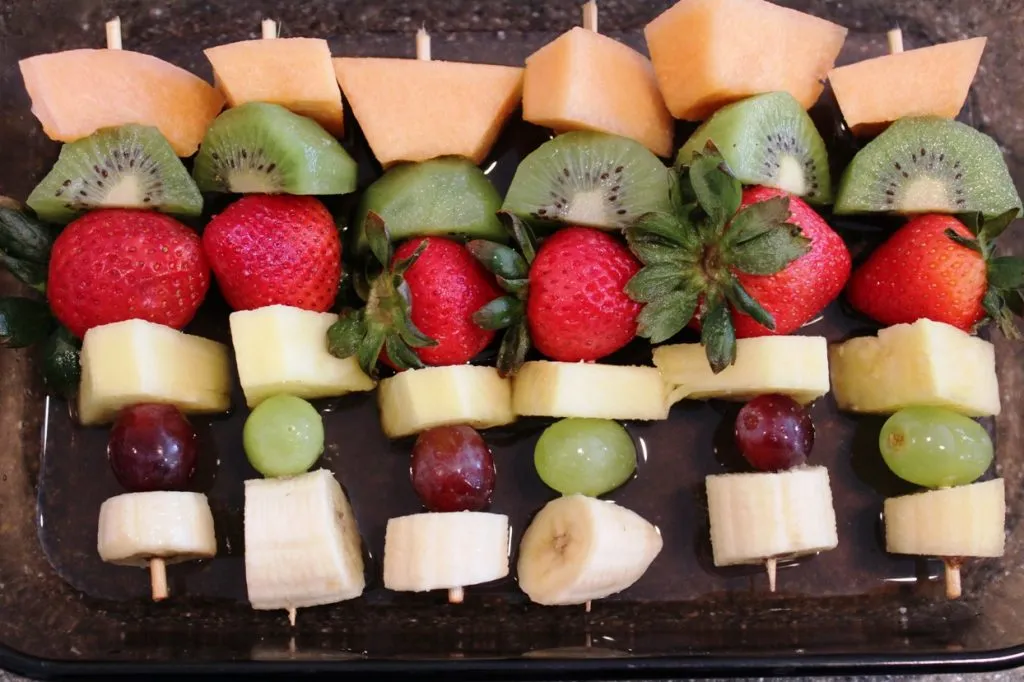 Fruit Kebabs with Honey-Lime-Ginger Vinaigrette prepped