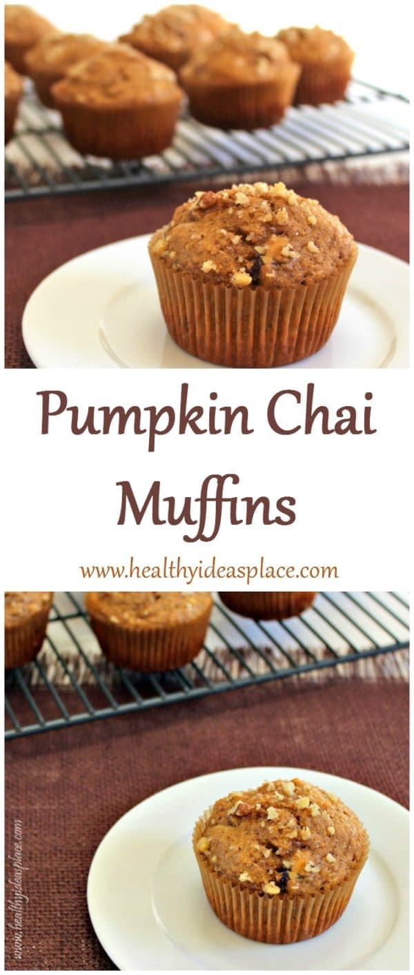Pumpkin Chai Muffins - Pumpkin combines with warm chai tea spices for a healthier and delicious muffin. Enjoy at breakfast or for an afternoon snack.