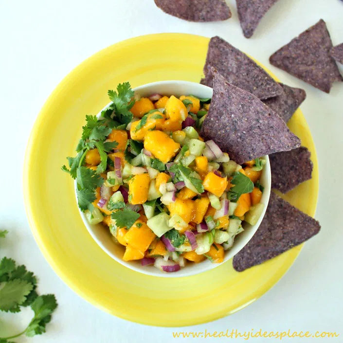 Cucumber Mango Salsa: Cucumber, mango, and red onion dance together for a delightfully refreshing and mildly spicy salsa.