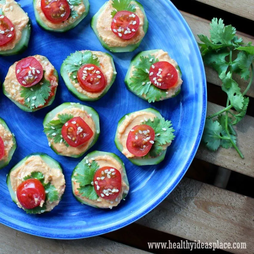 Easy Cucumber Bites on a blue plate