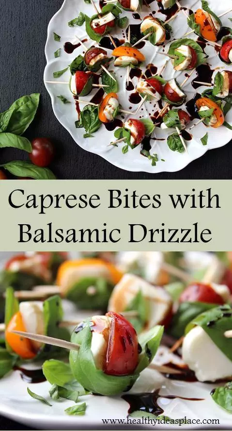 collage of two pictures of cherry tomatoes and fresh mozzarella wrapped with fresh basil leaves on a white plate