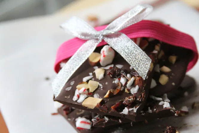 Chocolate bark with nuts and candy cane pieces