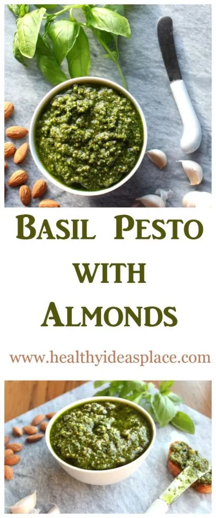 Basil Pesto with Almonds - Tasty and filled with healthy fats, you can stir it into pasta, or use as a marinade, dip, or spread for sandwiches and wraps.