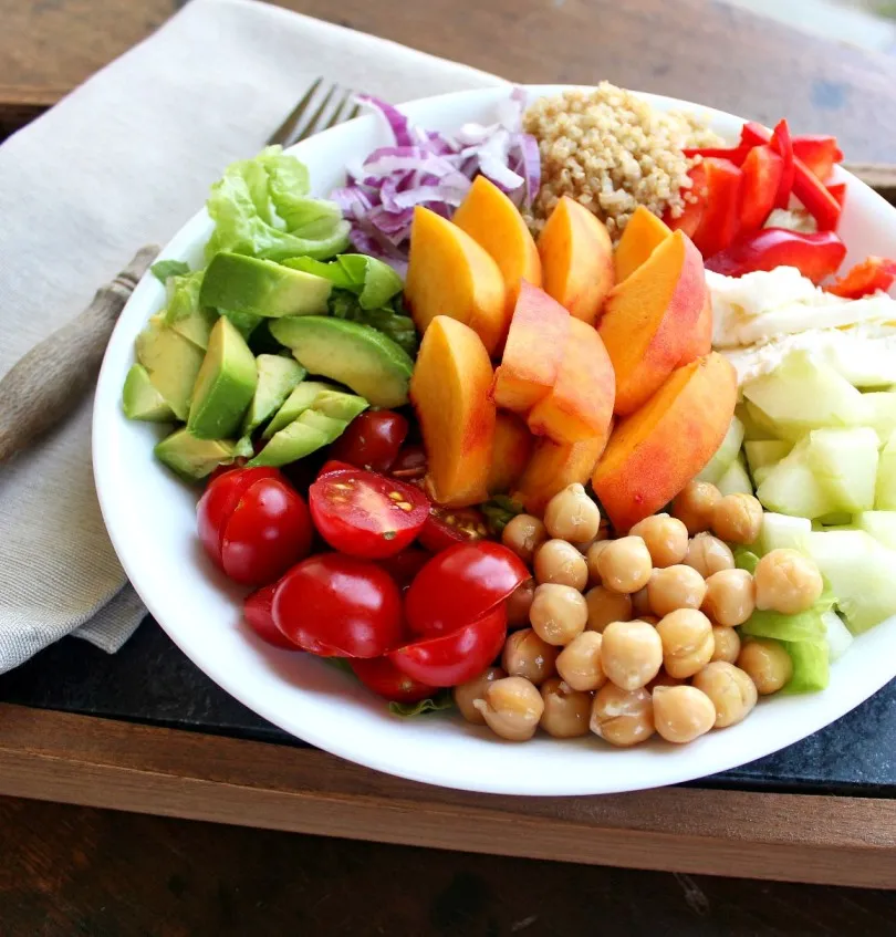 Each bite bursts with flavor and texture – sweet, savory, crunchy, creamy. Summer Salad Bowl with Peach Basil Vinaigrette is easy to make, nourishing, and a winner for lunch or supper.