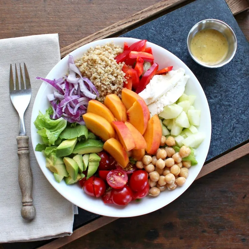 Each bite bursts with flavor and texture – sweet, savory, crunchy, creamy. Summer Salad Bowl with Peach Basil Vinaigrette is easy to make, nourishing, and a winner for lunch or supper.
