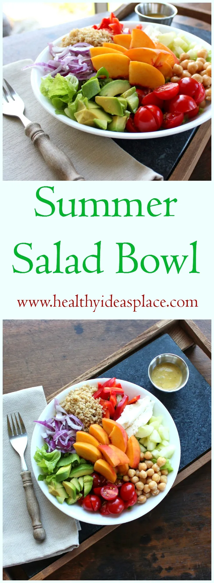Each bite bursts with flavor and texture – sweet, savory, crunchy, creamy. Summer Salad Bowl with Peach Basil Vinaigrette is easy to make, nourishing, and a winner for lunch or supper.