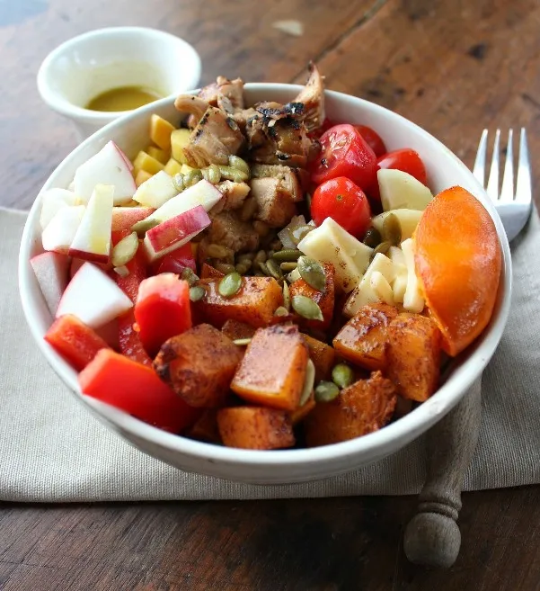 Fall Salad Bowl with Roast Butternut Squash is a delight to the palette. Filled with nourishing veggies, chicken, freekeh, and butternut squash, it's a taste of fall for a meal.