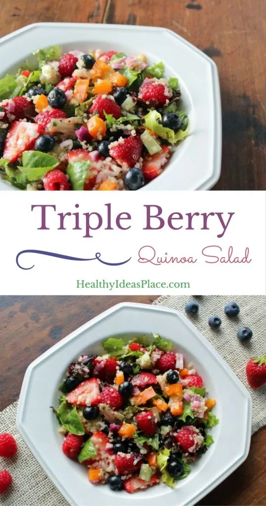 Triple Berry and Quinoa Salad with Mixed Greens places sweet berries and nutty quinoa amidst a backdrop of earthy mixed greens, cucumbers, and peppers, all pulled together with a balsamic vinaigrette for a colorful and scrumptious salad.
