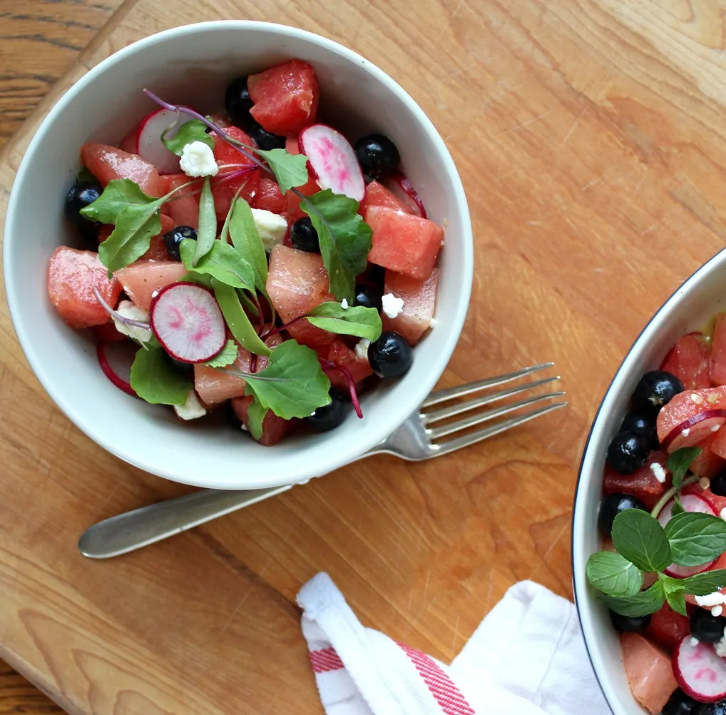 Watermelon, Blueberry, & Radish Salad with Fresh Lime & Mint Vinaigrette - Sweet watermelon and blueberries mix with fresh radishes in tangy dressing.