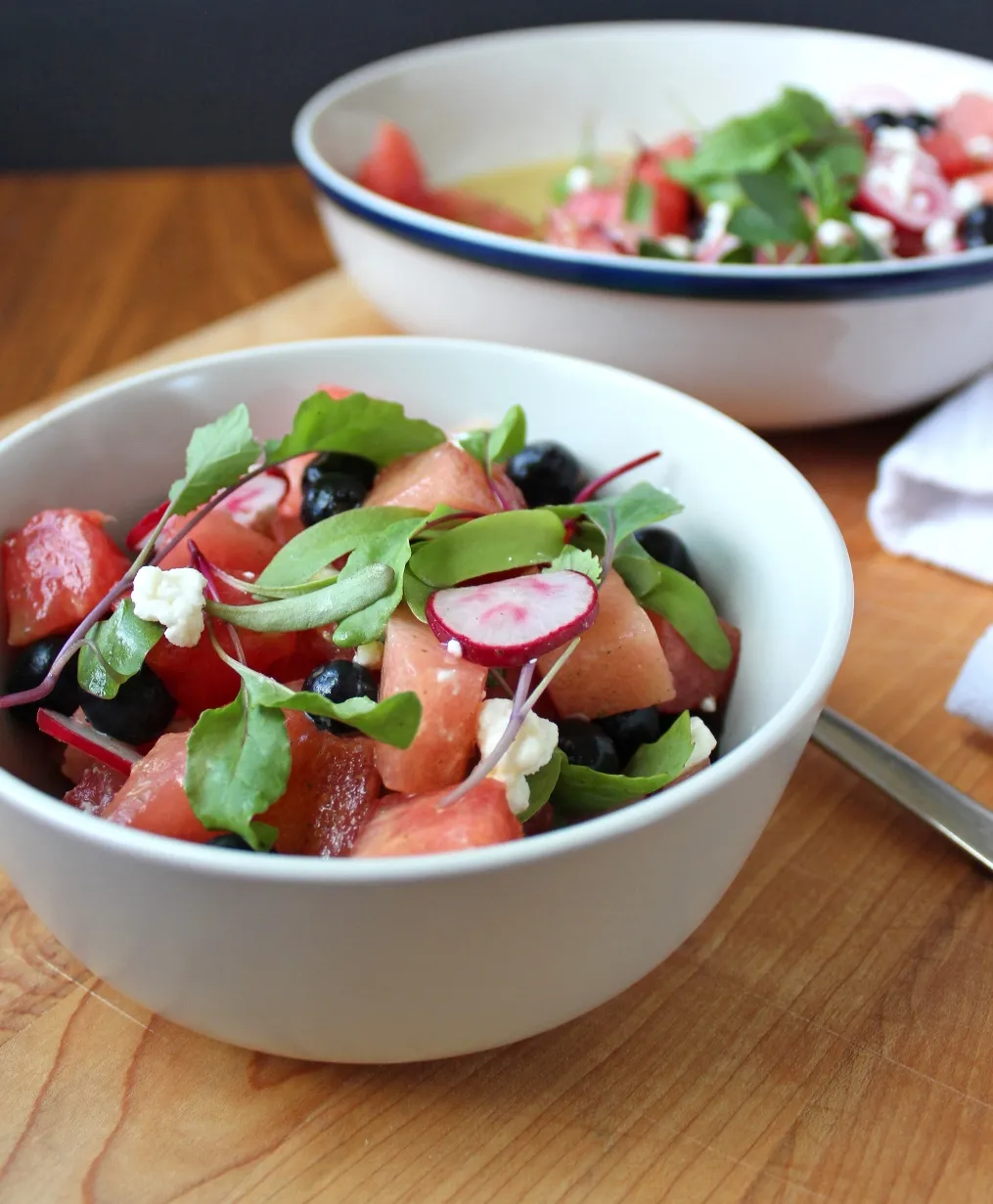 Watermelon, Blueberry, & Radish Salad with Fresh Lime & Mint Vinaigrette - Sweet watermelon and blueberries mix with fresh radishes in tangy dressing.