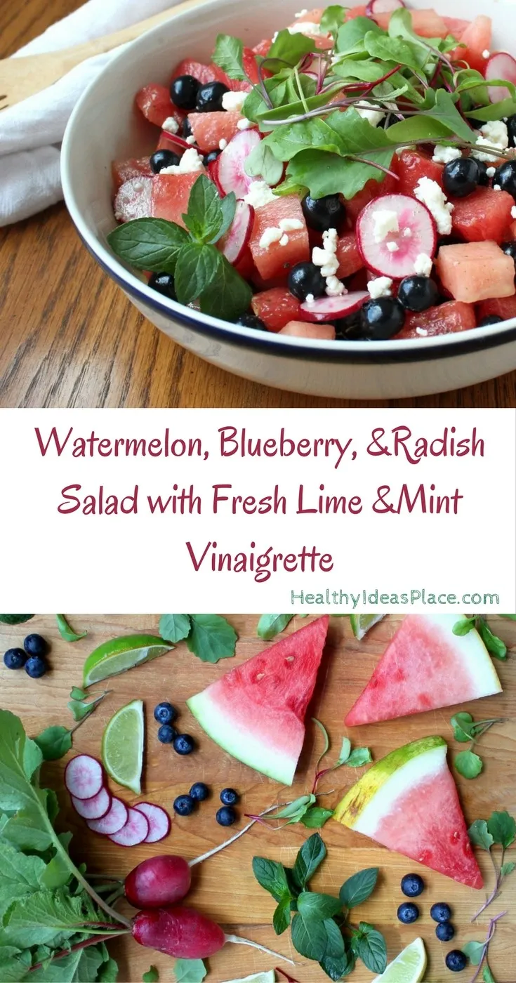 Watermelon, Blueberry, & Radish Salad with Lime & Fresh Mint Vinaigrette - Sweet watermelon and blueberries mix with fresh radishes in tangy dressing.