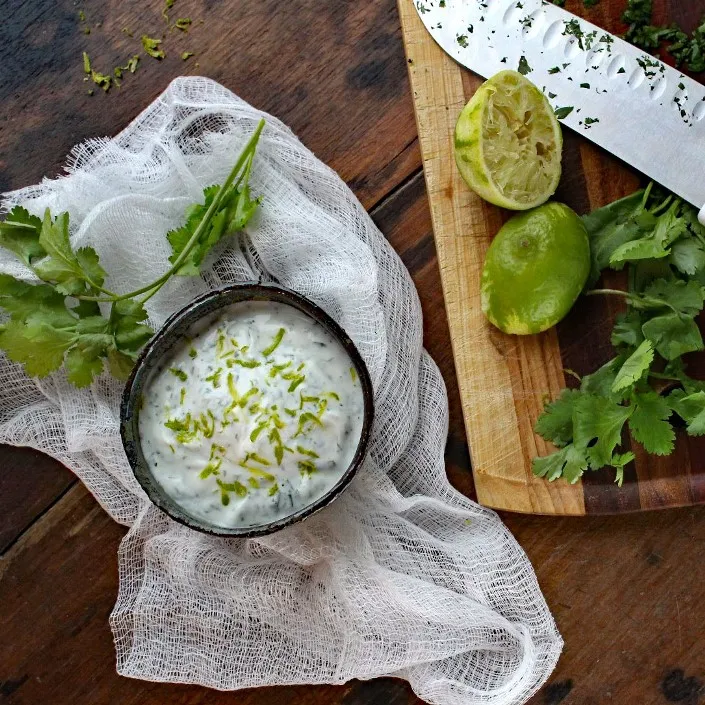Cilantro Lime Crema – Creamy and tangy, and made with Greek yogurt to make it healthier, it’s a perfect complement to spicy foods or used as a dip for tortilla chips.