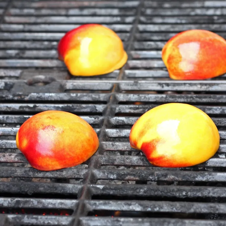 Grilled Peaches with Honey and Lemon Yogurt Sauce - Super easy recipe for grilled peaches. Served with a honey and lemon yogurt sauce, it's decadent, healthy dessert option.