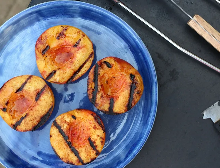 Grilled Peaches with Honey and Lemon Yogurt Sauce - Get your grill on for some grilled fruit with this super easy recipe for grilled peaches. Served with a honey and lemon yogurt sauce, it's decadent, healthy dessert option.