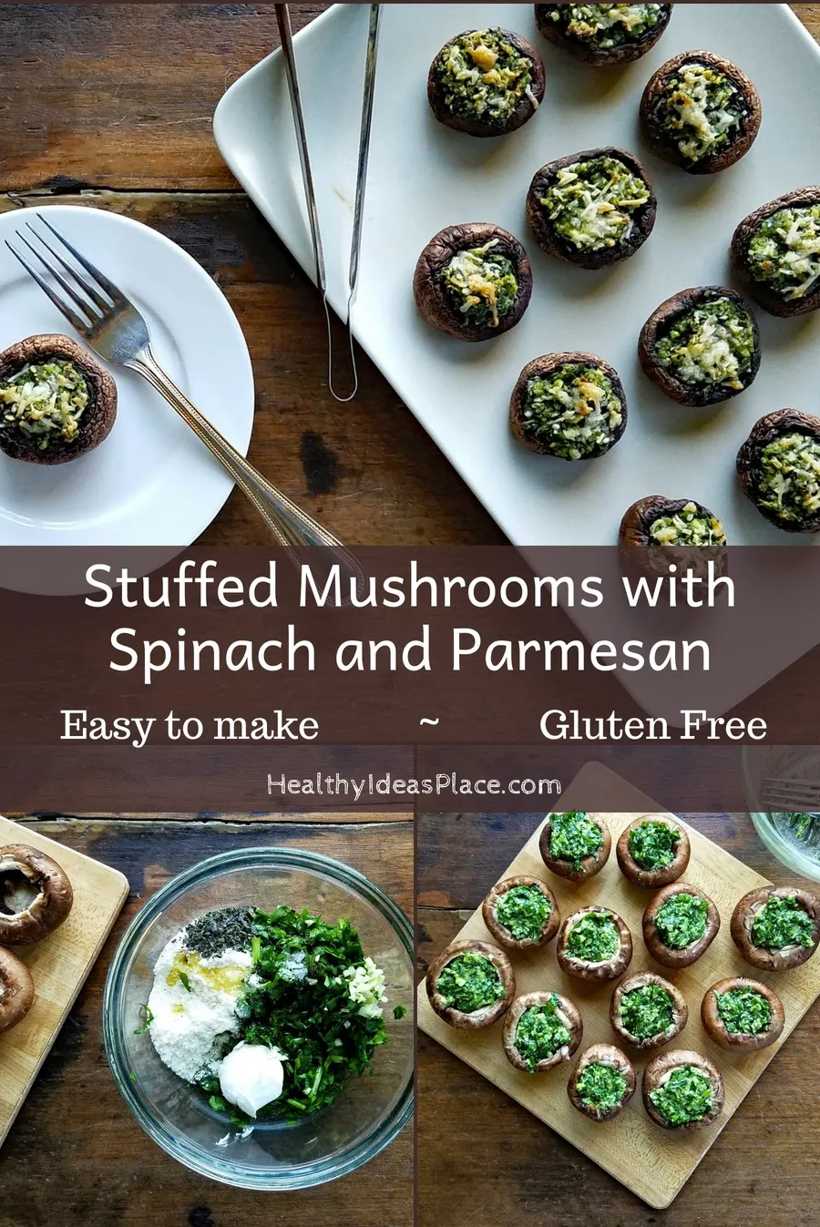 Stuffed Mushrooms with Spinach and Parmesan - Quick and easy to make stuffed mushroom appetizer recipe. Makes the perfect appetizer that's both elegant and delicious.