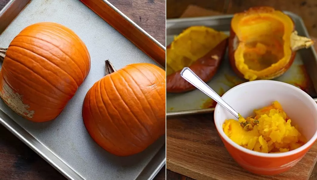 Pumpkin cut in half and on baking sheet and picture of pumpkin puree