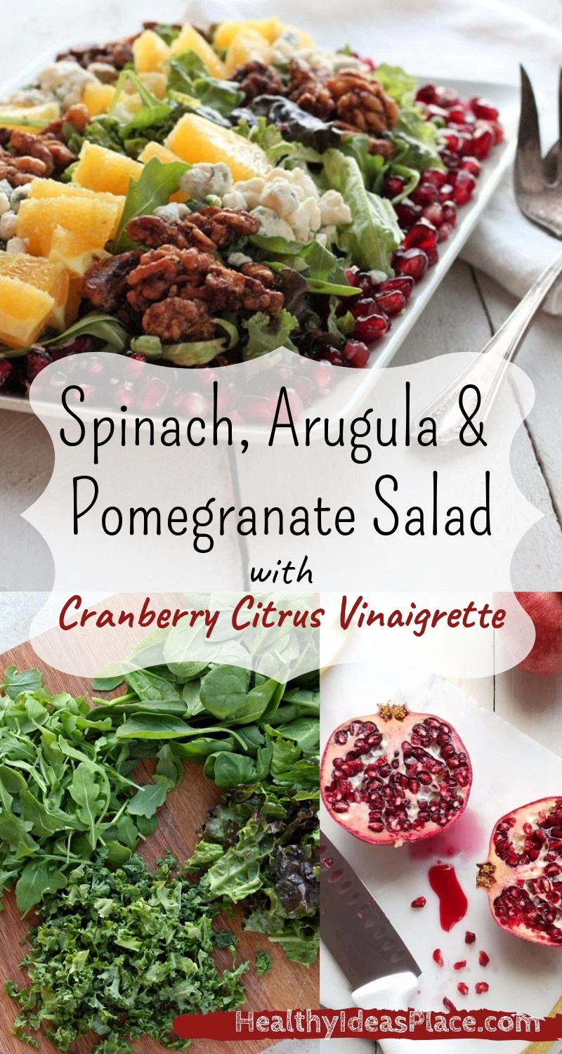 This Spinach, Arugula and Pomegranate Salad makes a wonderful side dish with a meal or a tasty lunch all by itself. Nutritionally, it’s a gem, with plenty of fiber, vitamins, antioxidants and healthy fats. Delicious!