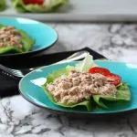 Two blue plates with Tuna Salad Lettuce Wraps