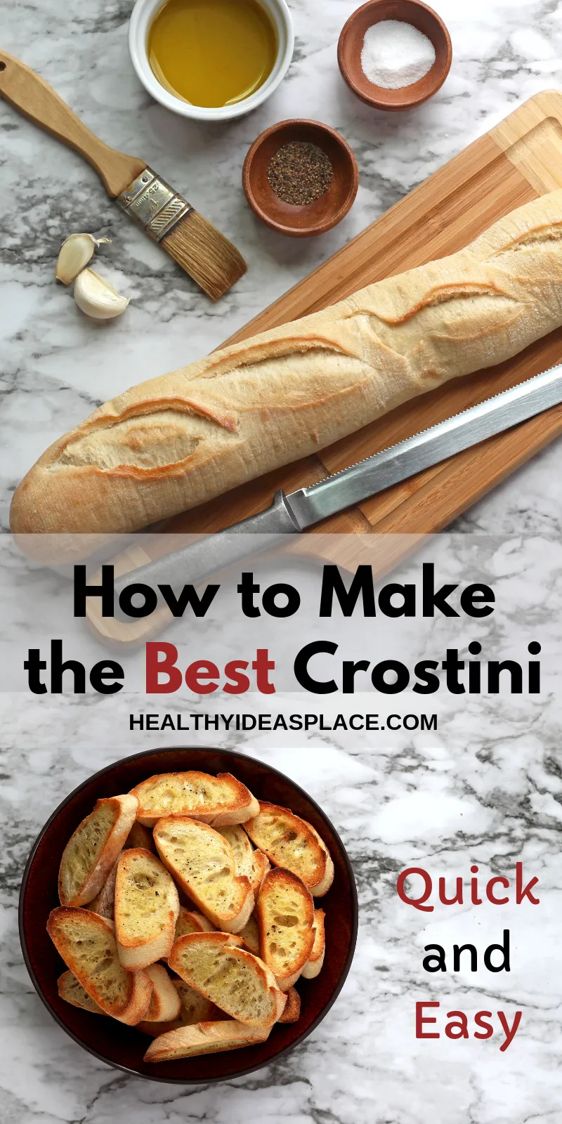 Collage of crostini ingredients and toasted crostini in bowl