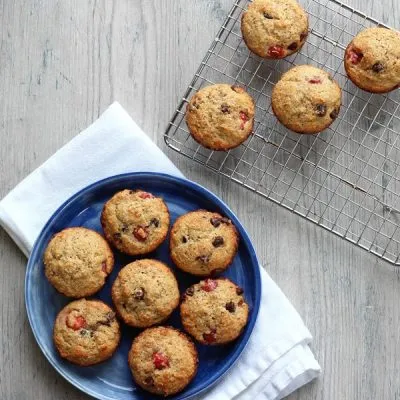 Muffins on blue plate and wire rack A