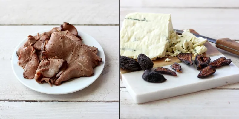 Collage picture of sliced deli roast beef, dried figs, and blue cheese