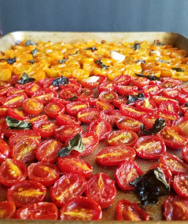 pan of roasted cherry tomatoes