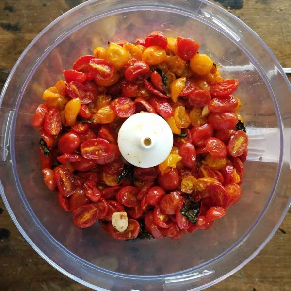 Roasted grape tomatoes in food processor