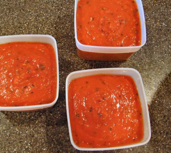 Roasted cherry tomato sauce in freezer boxes