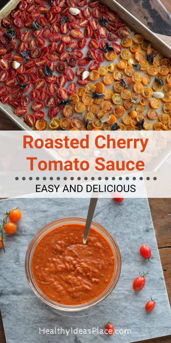 collage picture of roasted cherry tomato sauce