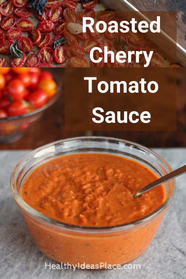 Tomatoes collage picture of roasted cherry tomato sauce