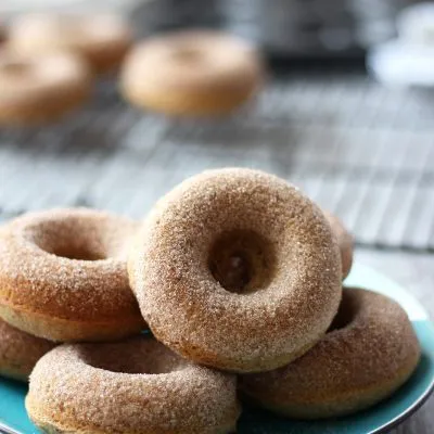 Apple cider donuts on teal plate