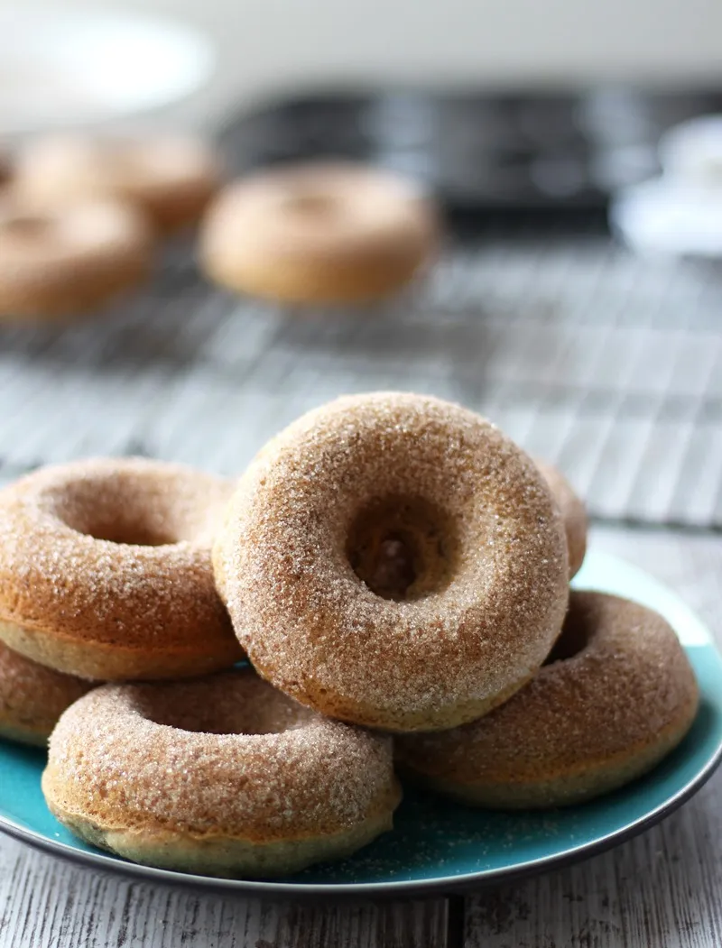 Apple cider donuts on teal plate