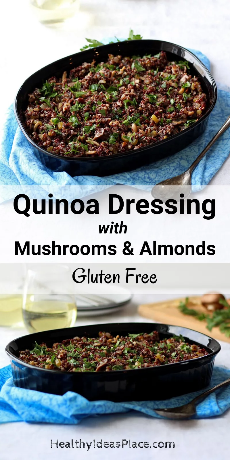 two photos of gluten free dressing in black dish on blue cloth