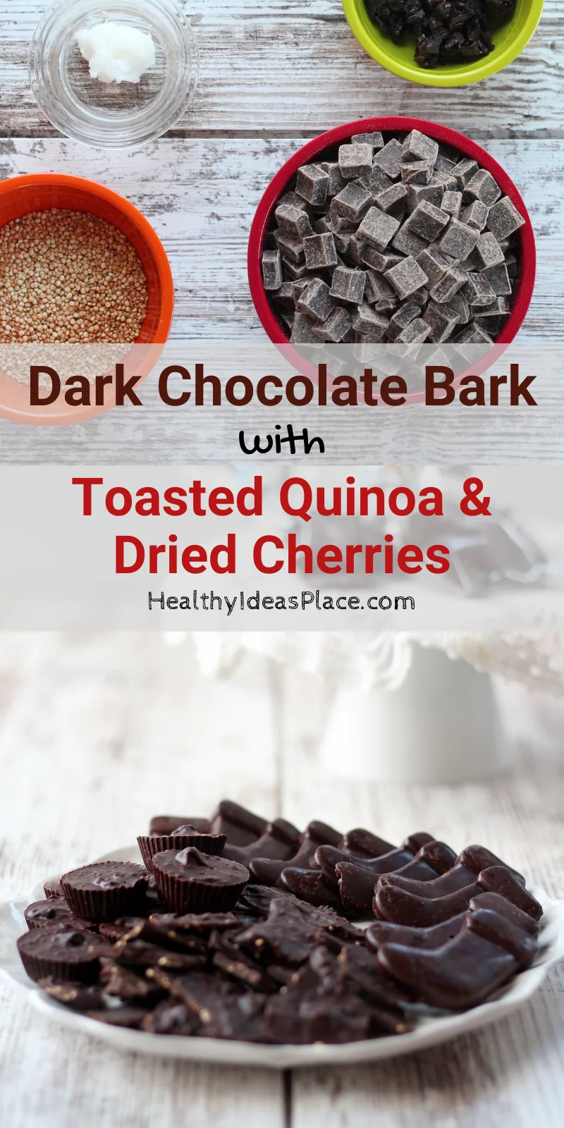 bowls of coconut oil, quinoa, dried cherries and dark chocolate chips along with chocolate candies on a white plate