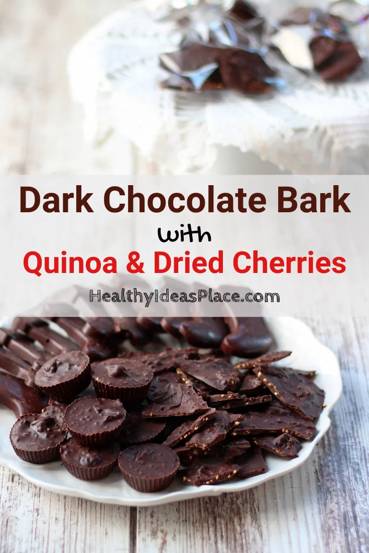 dark chocolate candies on a white plate with bags of chocolate candies in background