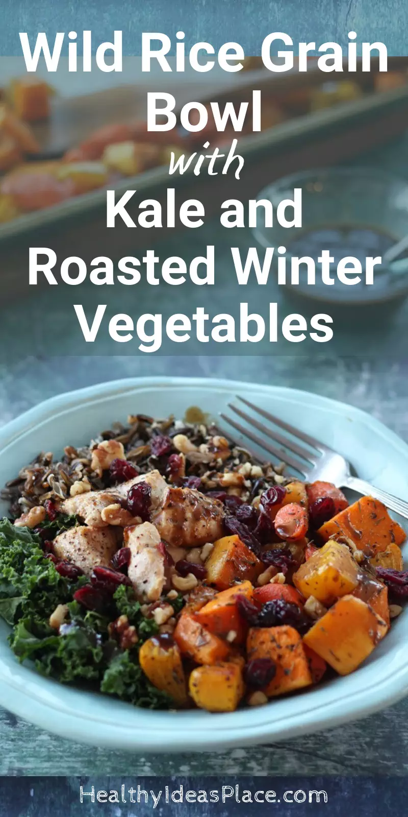 rice, chicken, kale, and roasted beets and squash in teal bowl