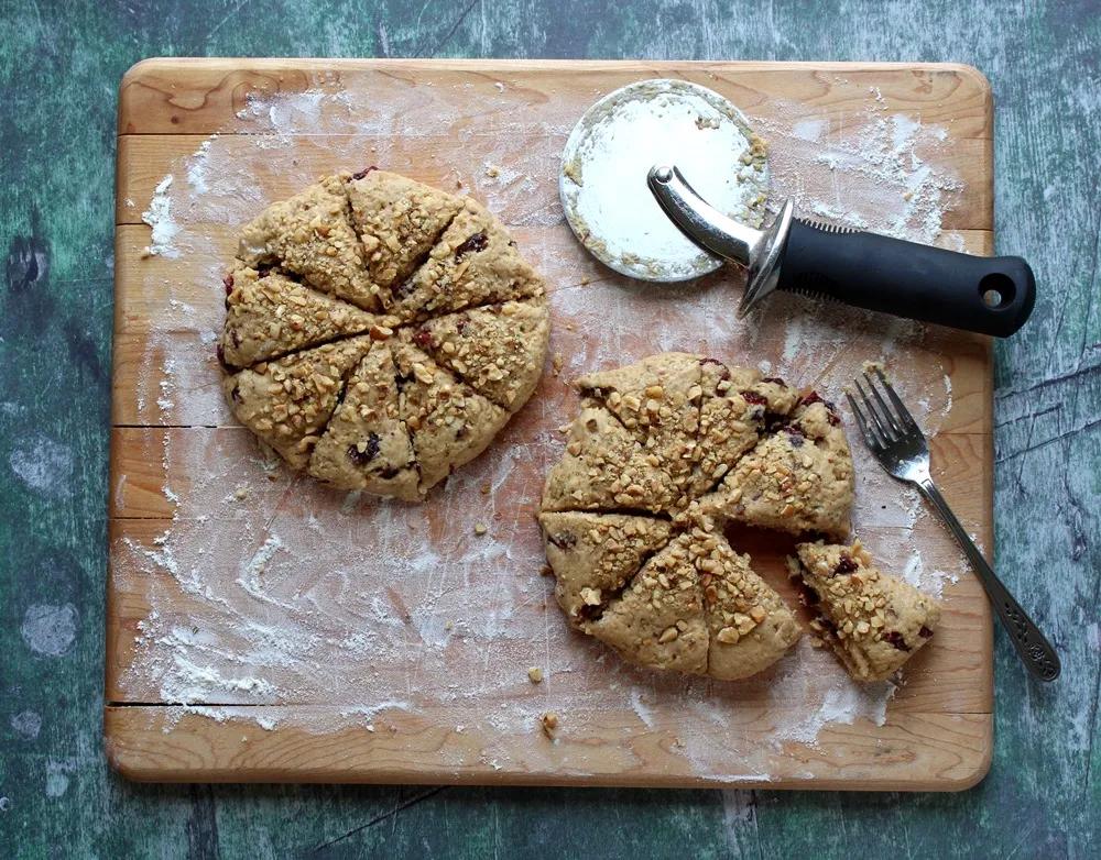 Unbaked scones on a cutting board - just after cutting