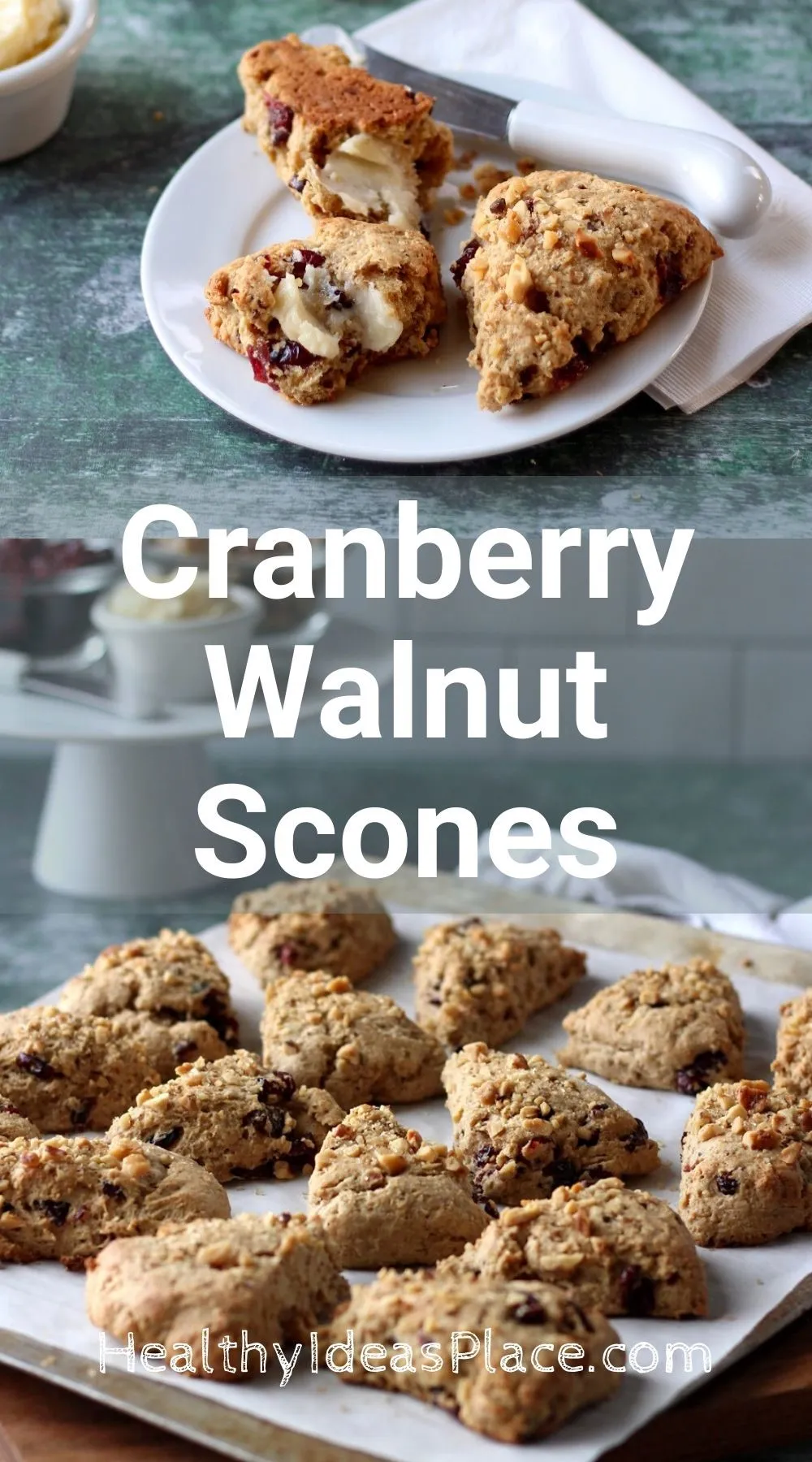 Collage image of scones on a white plate and scones on a baking sheet