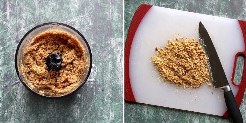 Collage photo of ground walnuts and chopped walnuts