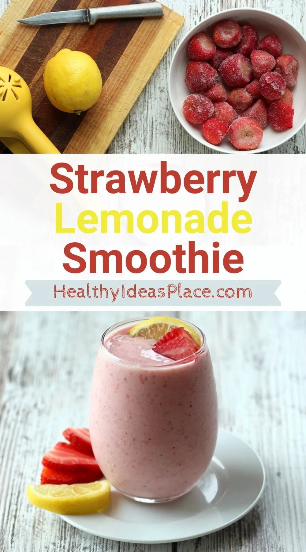 Collage picture of pink smoothie and strawberries with fresh lemon