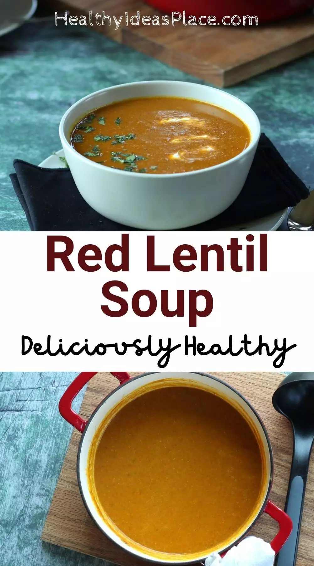 Collage picture of soup in a white bowl and soup in a pot in wood cutting board