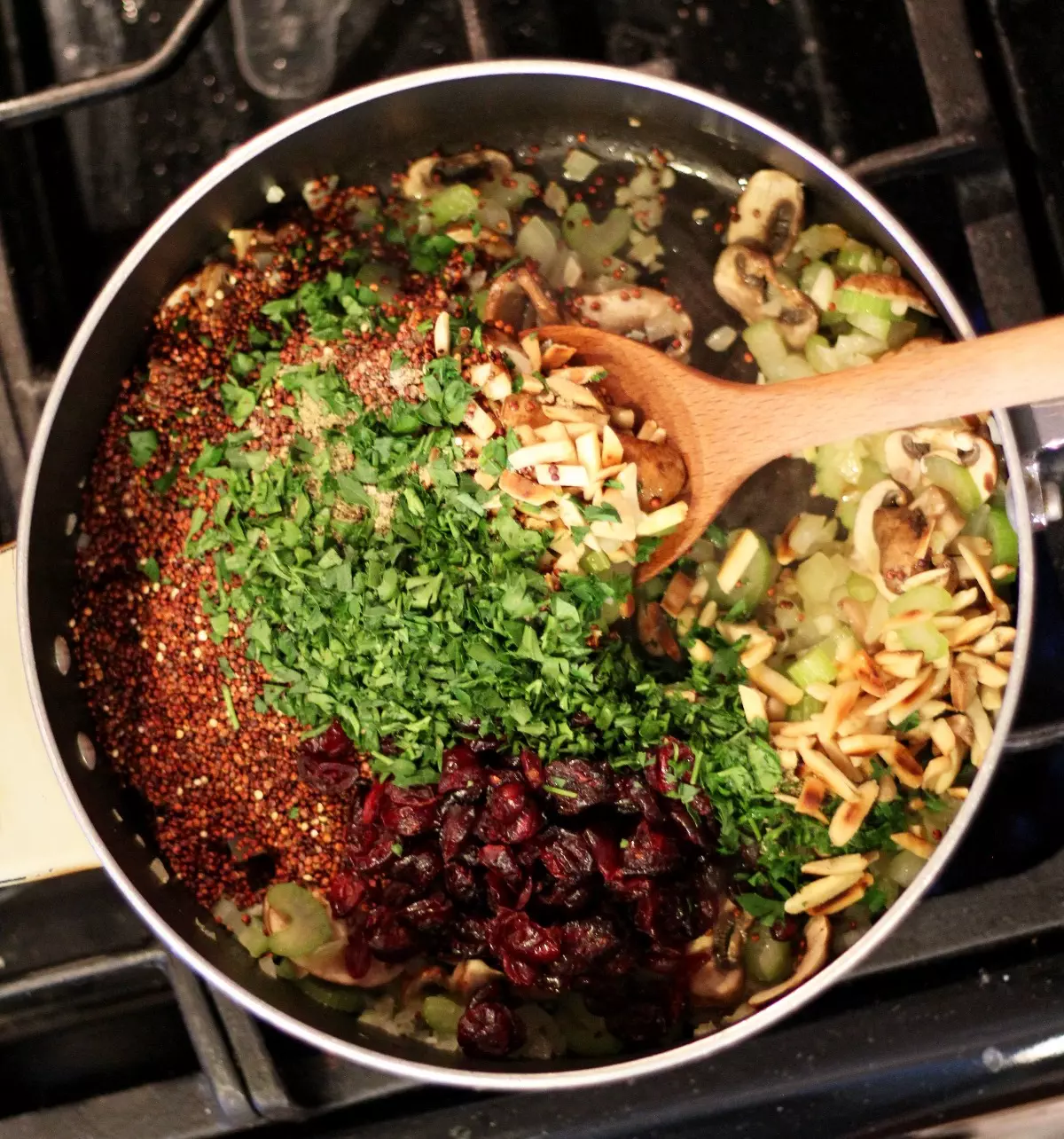 ingredients for quinoa stuffing in sauce pan.