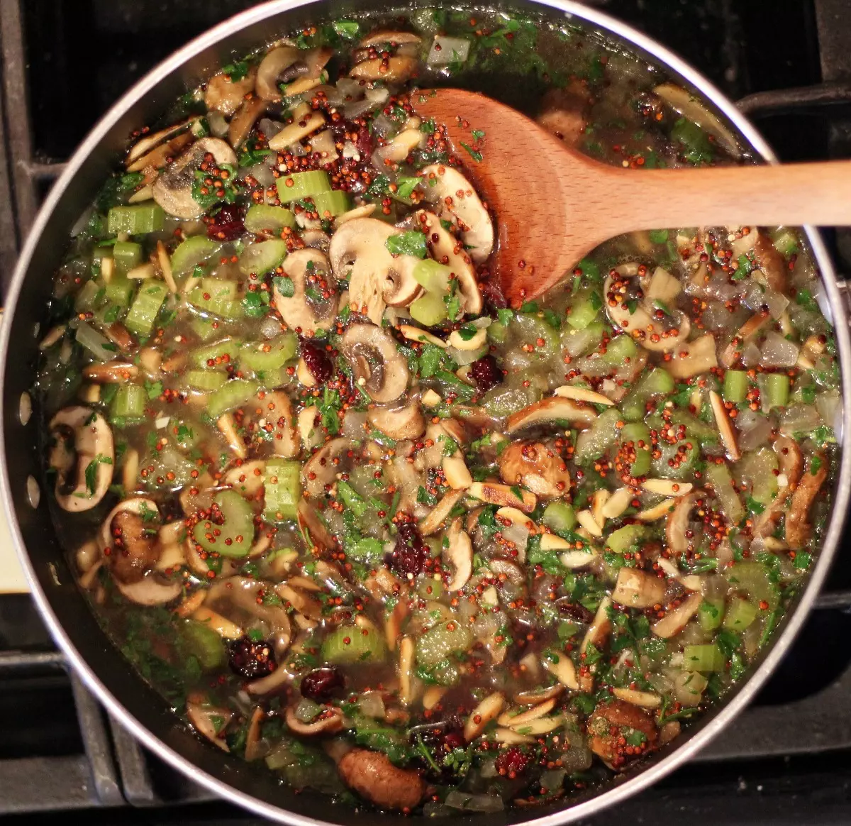 quinoa stuffing cooking in pan