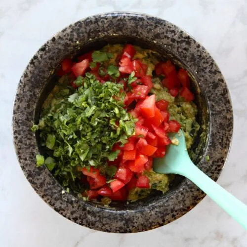 Mashed avocado in stone bowl, topped with chopped cilantro and tomatoes
